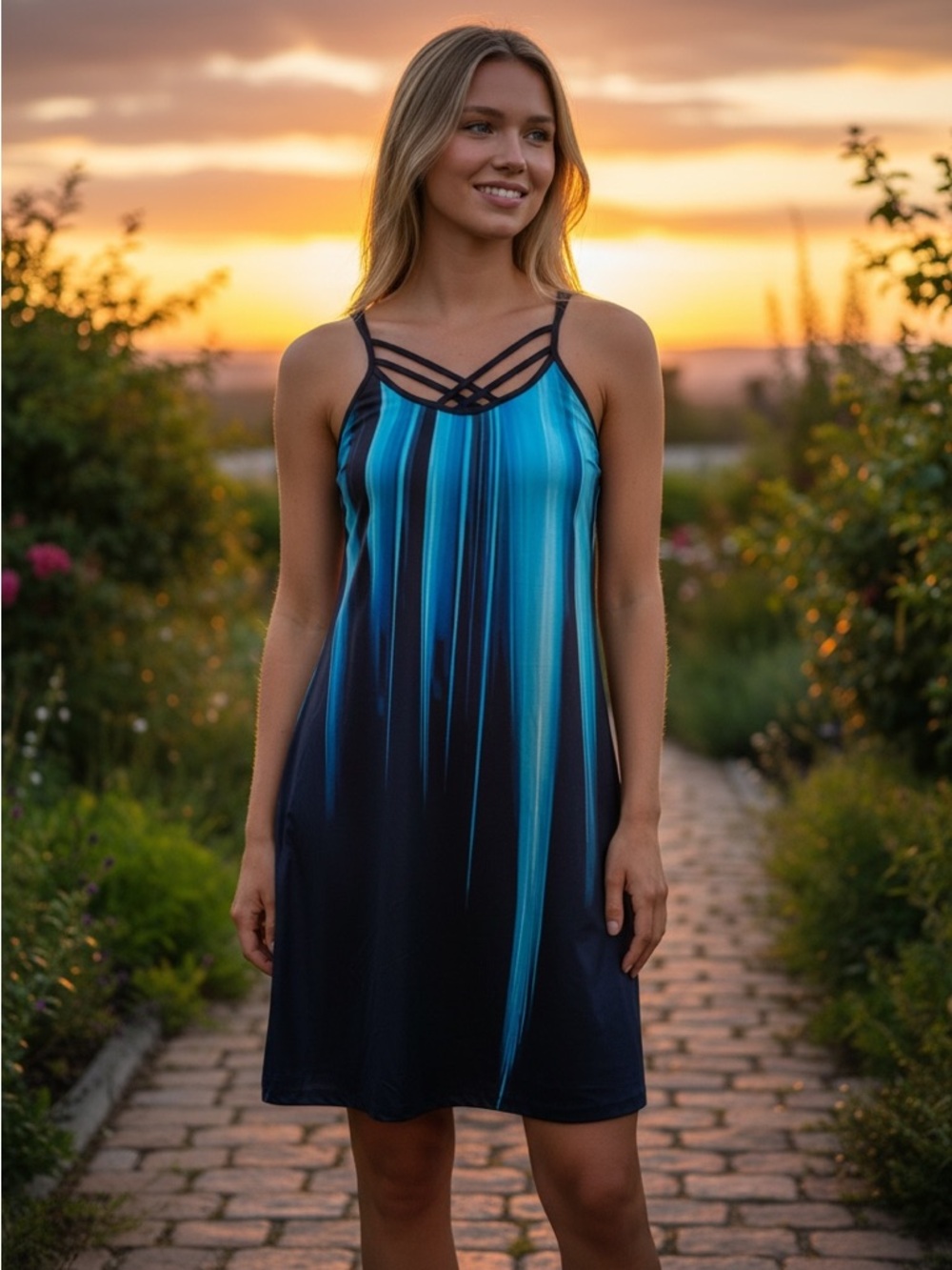 Black & Teal Striped Dress with Crisscross Straps Size L